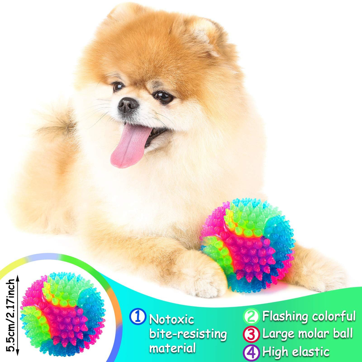 Two light-up dog balls with spikes, LED glow, and squeaker, designed for fetch and play, featuring elastic tennis ball construction.
