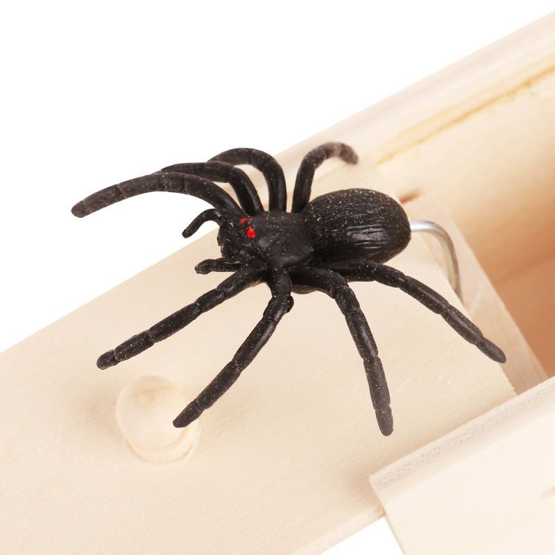 Wooden Spider Prank Box by Everything Baby, a pop-out rubber scare toy for kids, used for fun Halloween pranks and pretend play.
