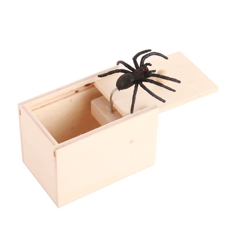 Wooden spider prank box with pop-out rubber spider, handmade plastic Halloween joke toy for kids pretend play by Everything Baby