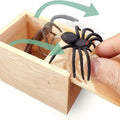 Wooden spider prank box with pop-out rubber spider, fun handmade scare toy for kids, perfect for Halloween pranks and pretend play.