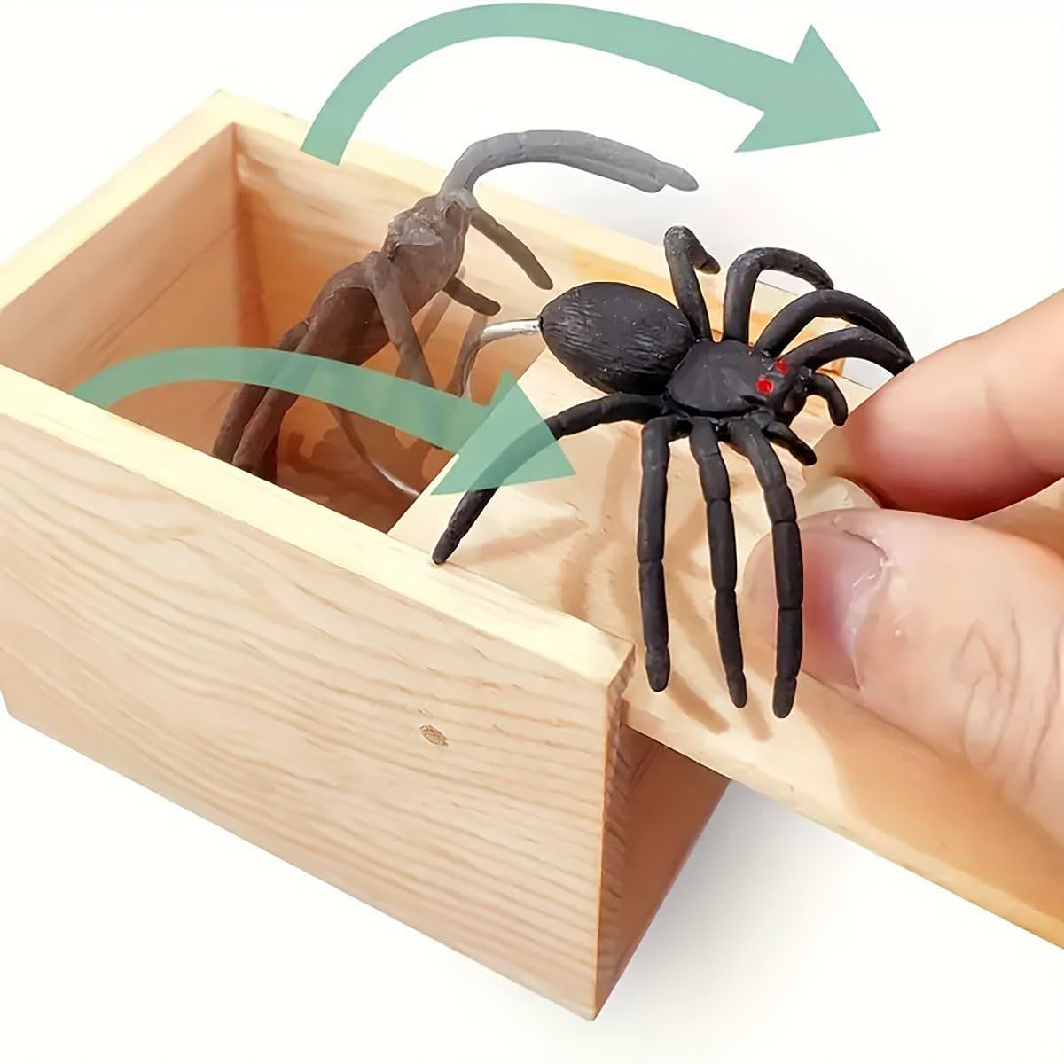 Wooden spider prank box with pop-out rubber spider, fun handmade scare toy for kids, perfect for Halloween pranks and pretend play.