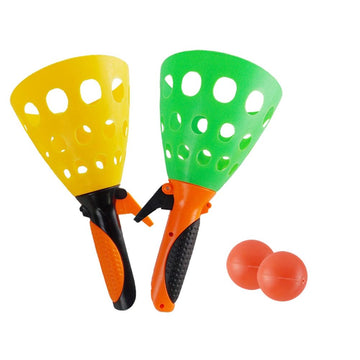Two-piece beach toy set with catch balls for kids, outdoor toss game, suitable for beach play and afterschool outdoor activities.