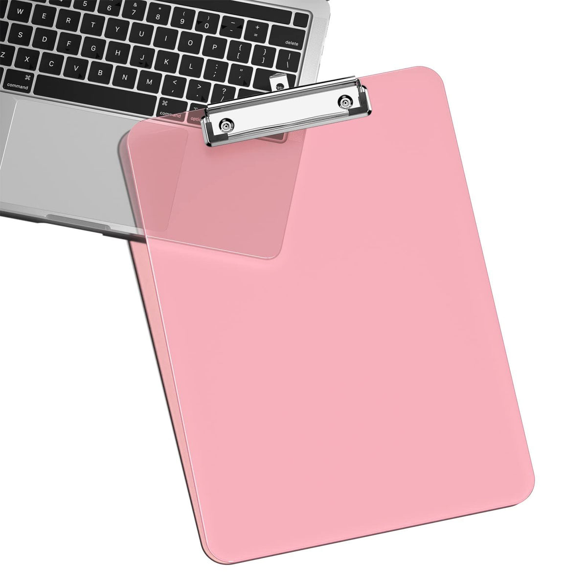 Pink translucent plastic clipboard with low profile metal clip, ideal for office or school use, from Everything Baby.