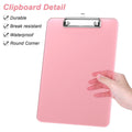 Pink translucent plastic clipboard with low profile metal clip, ideal for office, school, or kids' supplies.
