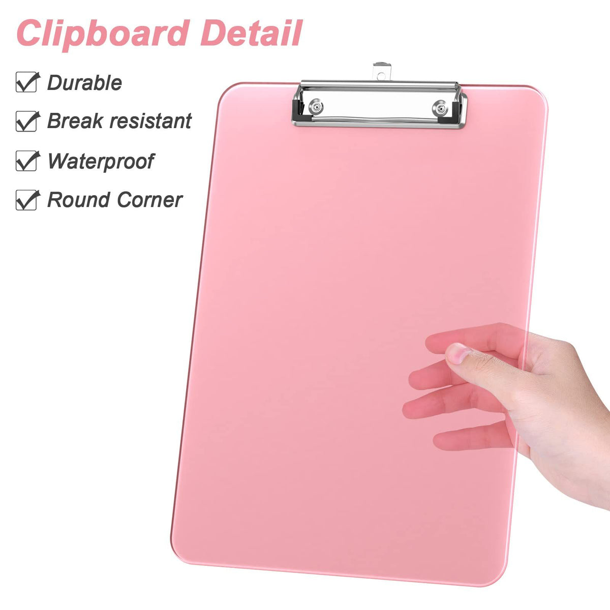 Pink translucent plastic clipboard with low profile metal clip, ideal for office, school, or kids' supplies.