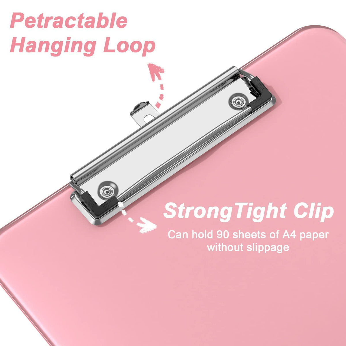 Pink translucent plastic clipboard with low profile metal clip, ideal for office or school use, from Everything Baby.