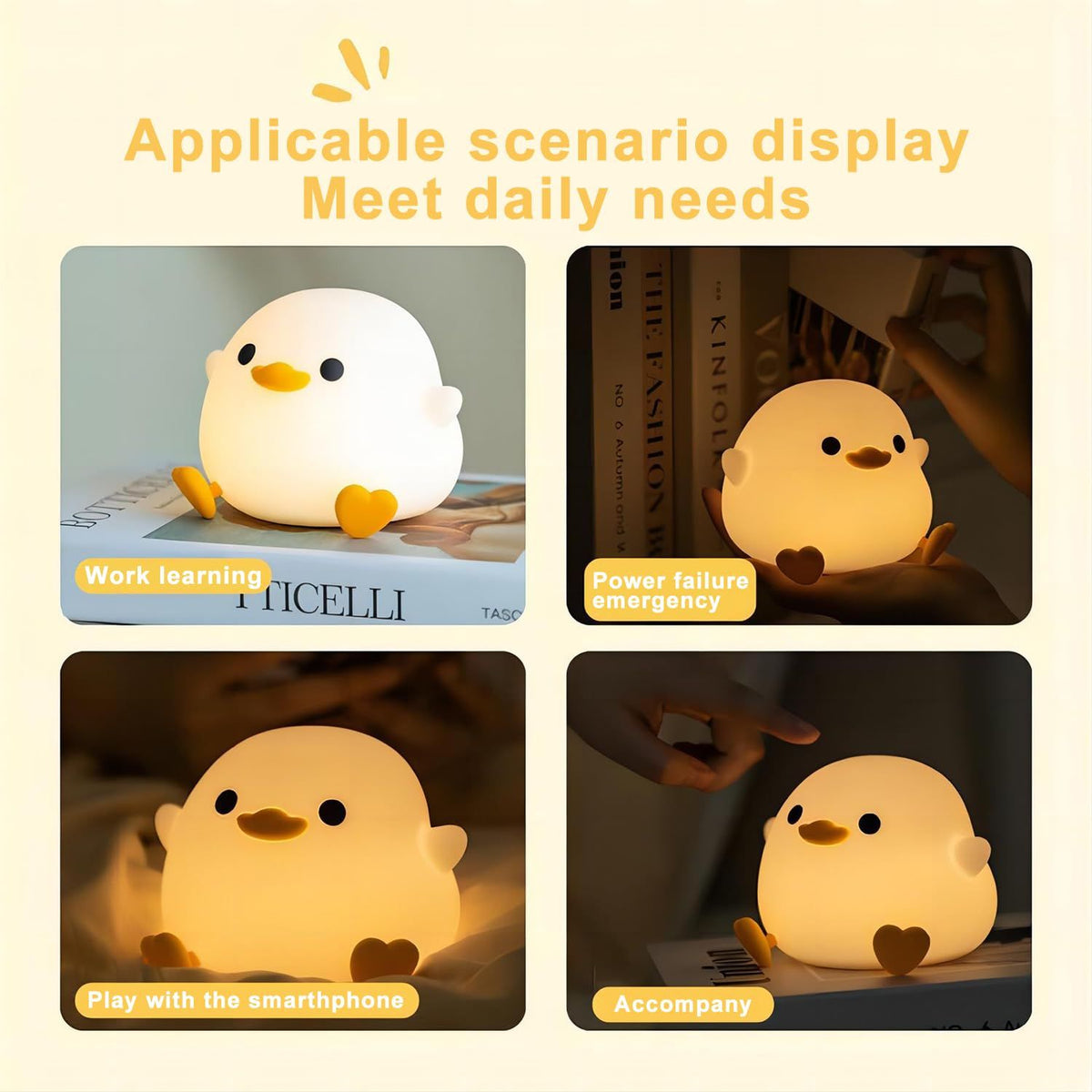 Cute silicone duck night light for kids, soft touch sensor sleep light with USB recharge, perfect for children’s rooms.