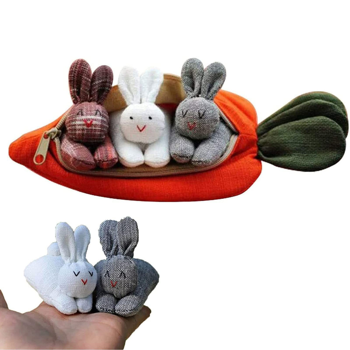 Three plush Easter bunnies in a carrot-shaped pouch, soft stuffed animal toys for kids with zip-up carrot plush toy.