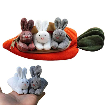Three plush Easter bunnies in a carrot-shaped pouch, soft stuffed animal toys for kids with zip-up carrot plush toy.