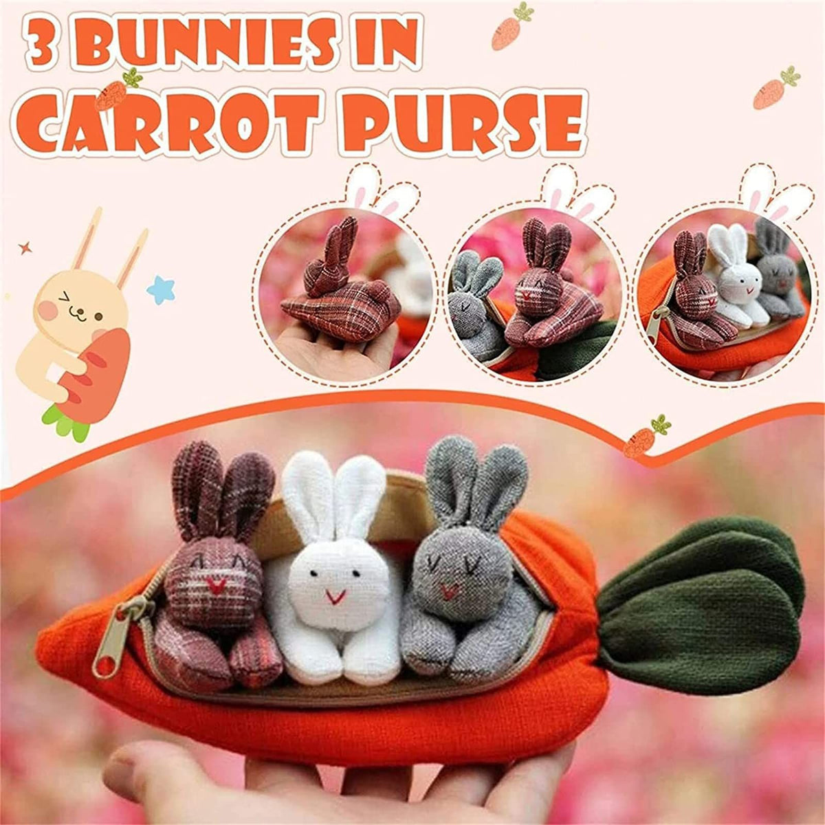 Three plush Easter bunnies in a carrot pouch, soft stuffed animal toys for kids, with zip-up carrot-shaped plush bag.