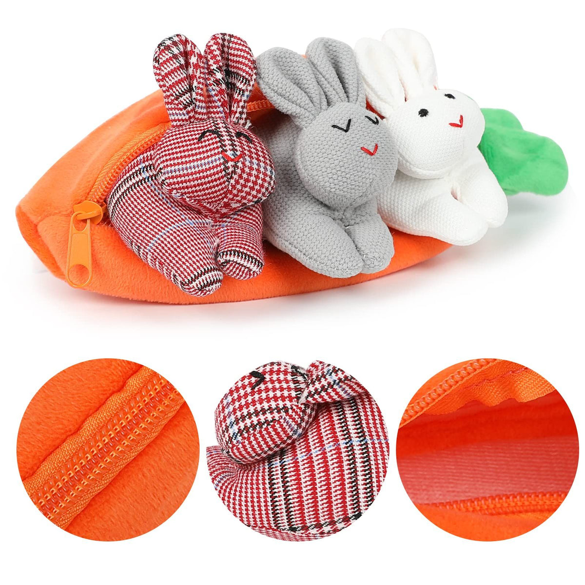 Three plush Easter bunnies in a carrot-shaped pouch, soft stuffed animals perfect for kids and baby play.