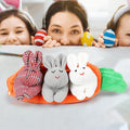 Three plush Easter bunnies in a carrot-shaped pouch, soft stuffed animals with zip-up closure, for baby and kids gifting.