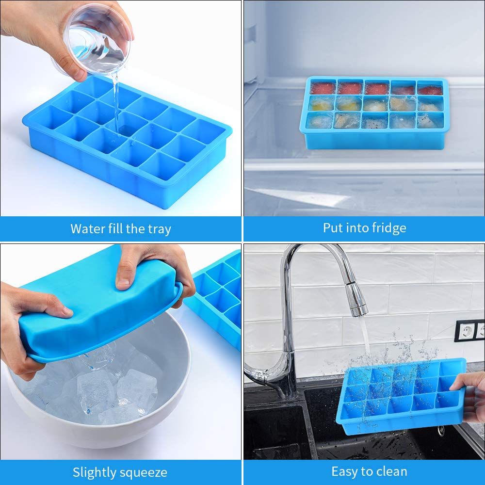 Two silicone ice cube trays with 15 cubes each, reusable, BPA-free, flexible molds for freezer, suitable for cocktails and whiskey.
