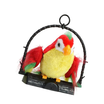Talking plush parrot toy from Everything Baby that repeats words, sings, and chirps, designed for kids' pretend play.