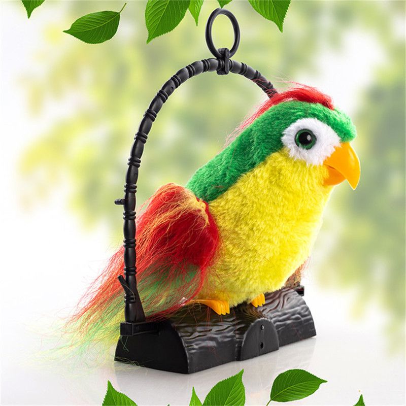 Talking plush parrot toy from Everything Baby that repeats words, sings, and chirps, designed for kids' pretend play.