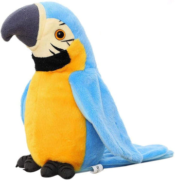 Electronic talking macaw plush toy with animated wings, repeats phrases, soft stuffed bird for kids' pretend play and entertainment.