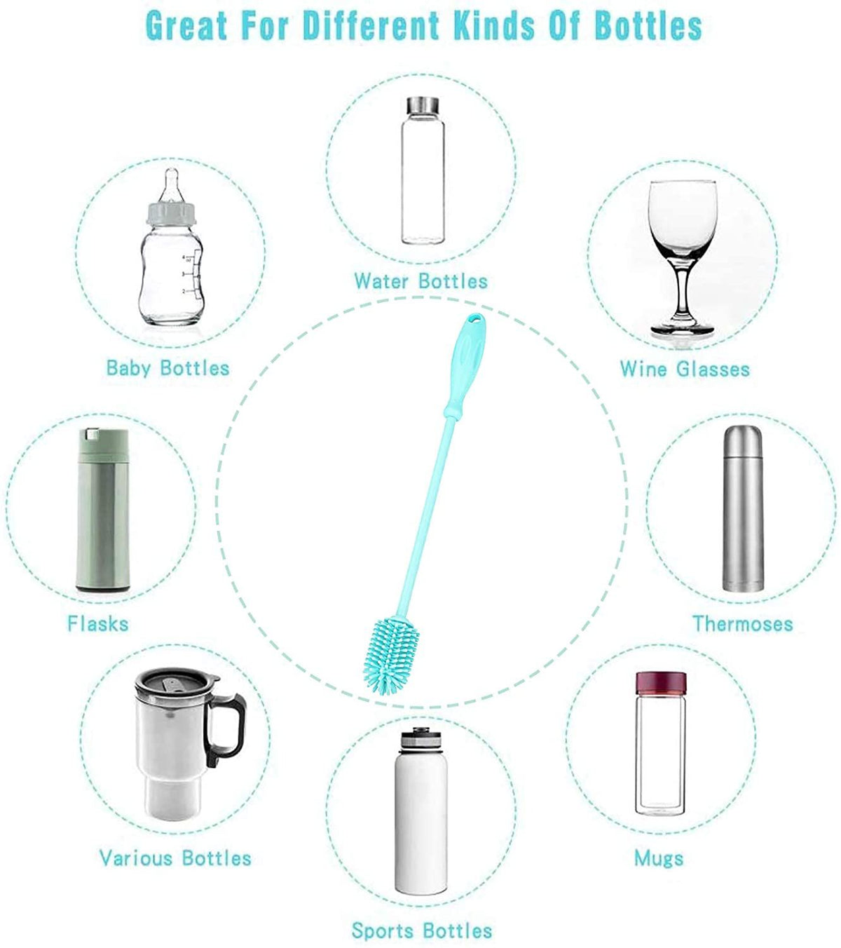 Silicone bottle cleaning brush with long handle for baby bottles, BPA-free water bottle cleaner, suitable for Hydro Flask and sports bottles