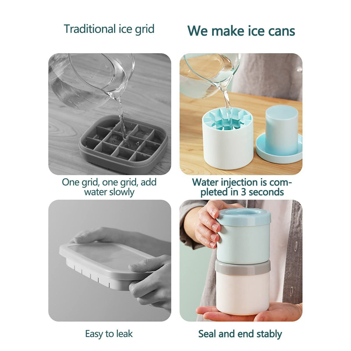 Light blue silicone ice cube molds for freezer, ideal for making ice cubes for drinks and juices, designed for easy use.