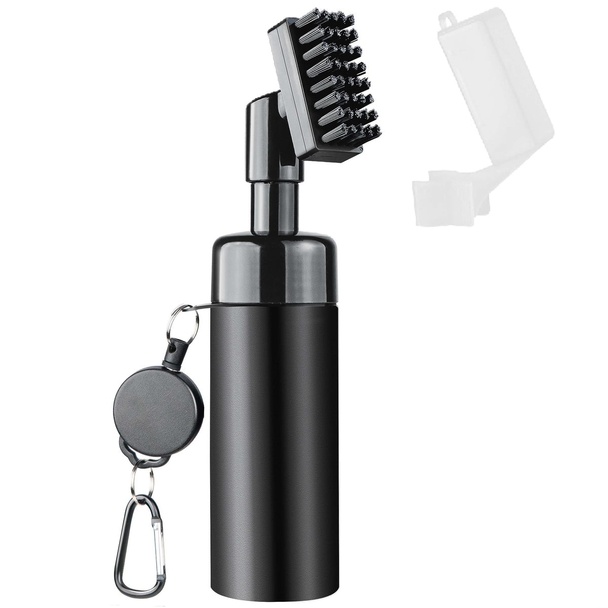 Golf water cleaning brush with spray bottle, retractable cover, and 5-ounce water capacity, part of golf club cleaning kit with cover.