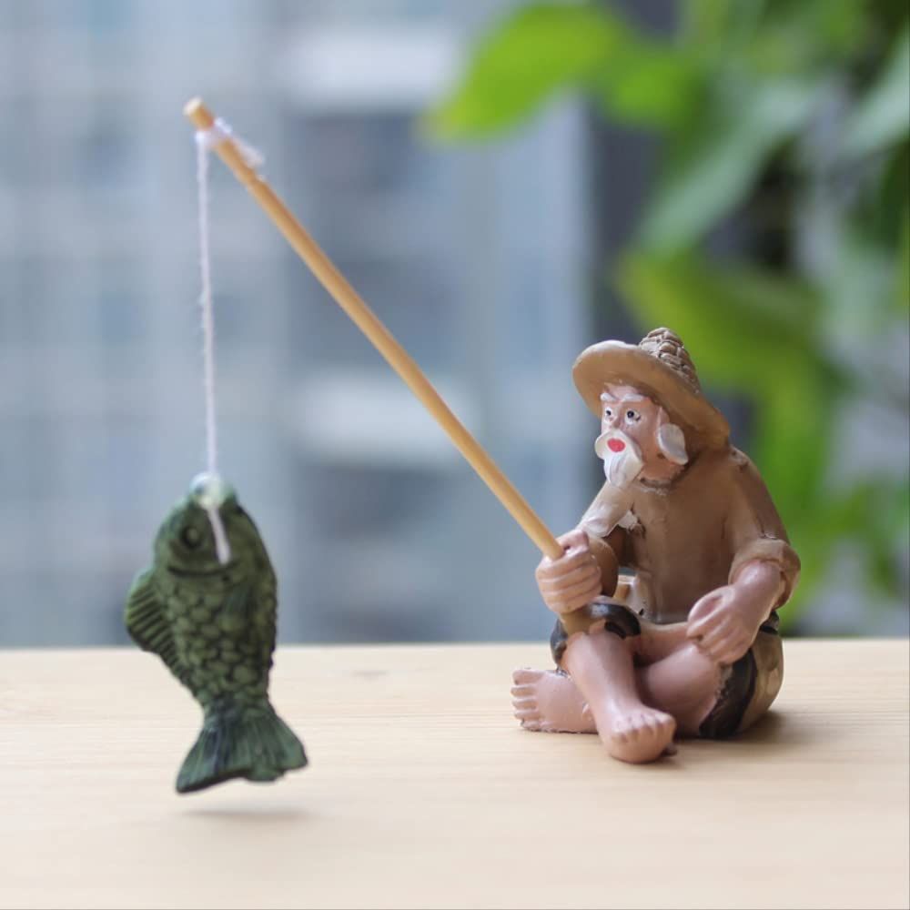 Resin garden ornament of a sitting old man figure, perfect for outdoor garden, pool area, or micro-landscape bonsai display.