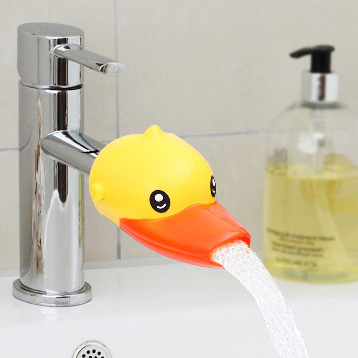 Portable silicone mouthwash brush cup with faucet extender for children, ideal for travel and easy hand washing.