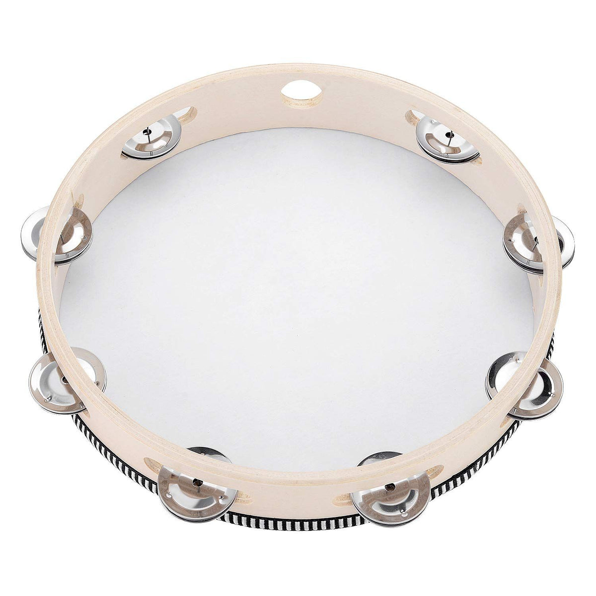10-inch adult tambourine with metal jingles, handheld wooden frame, ideal for musical and educational play for kids and beginners