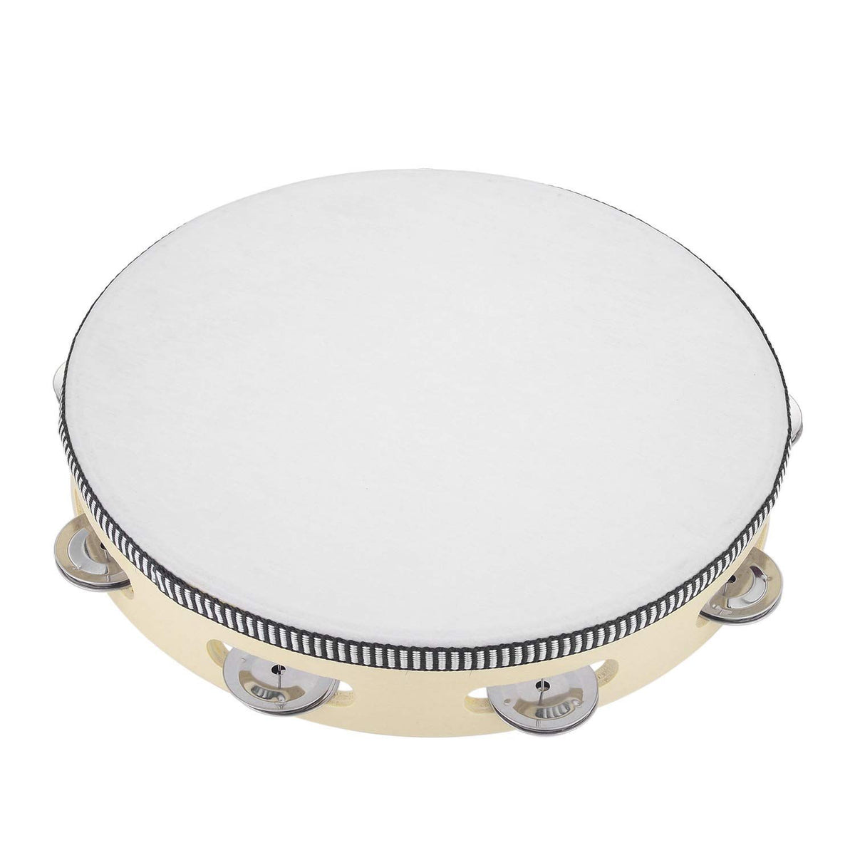Adult 10-inch tambourine with birch frame and metal jingles, hand-held percussion instrument for musical play and education.