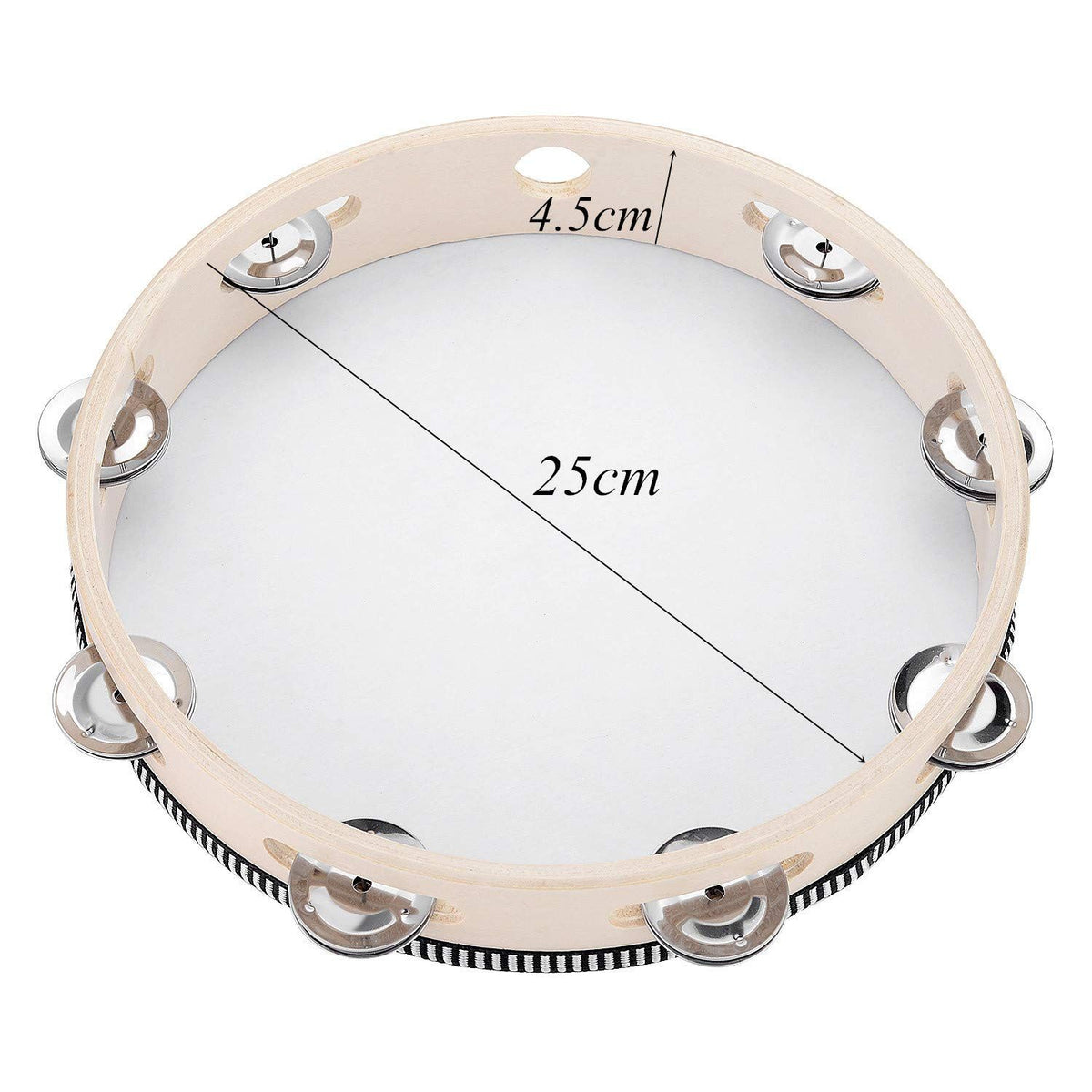 10-inch adult tambourine with birch frame and metal jingles, hand-held percussion instrument perfect for musical play and educational use