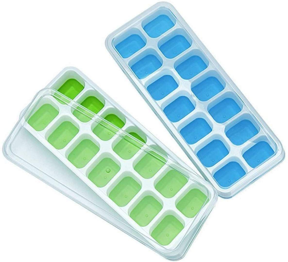 Two silicone ice trays with spill-resistant lids, BPA-free, flexible, durable, dishwasher safe, ideal for baby feeding and freezing.