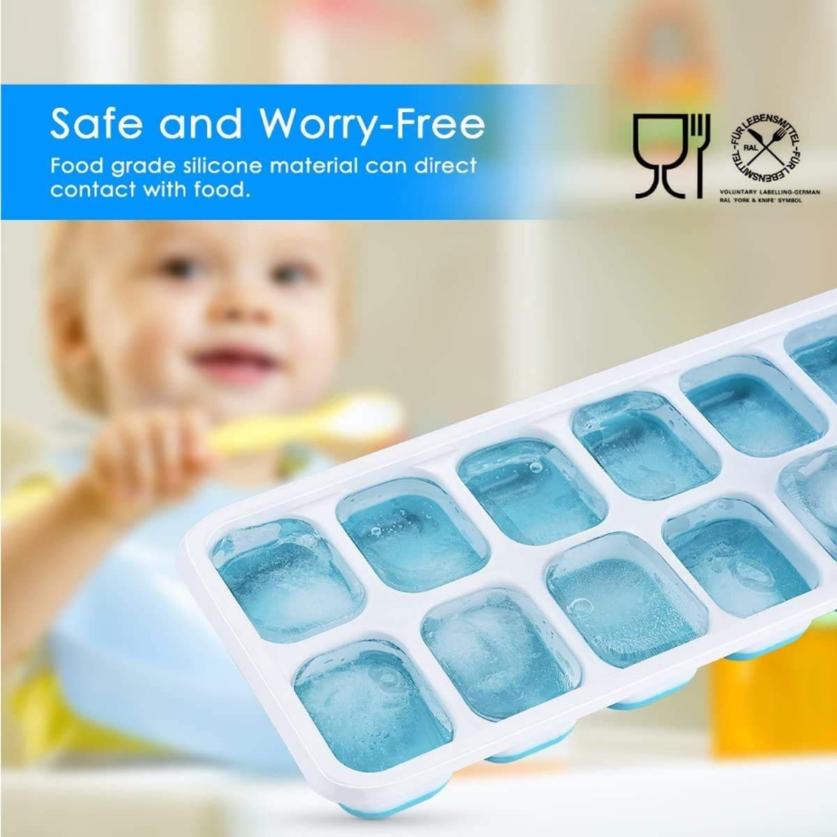 Silicone 14-ice tray set with spill-resistant lid, BPA-free, flexible, durable, dishwasher safe, designed for baby and kids feeding.