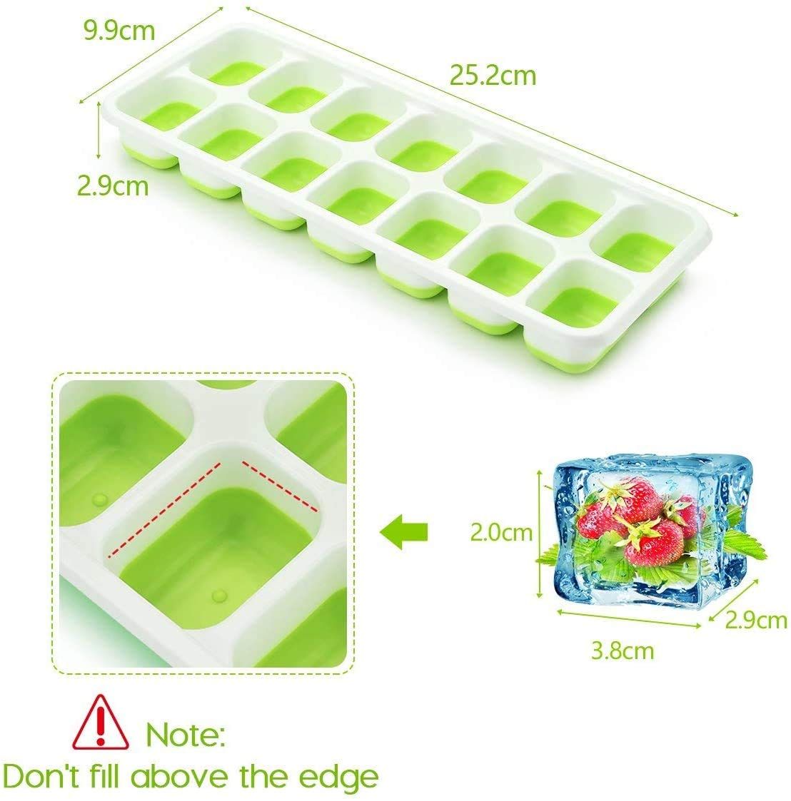 Two BPA-free silicone ice trays with spill-resistant lids, flexible, dishwasher safe, designed for baby feeding and storage.