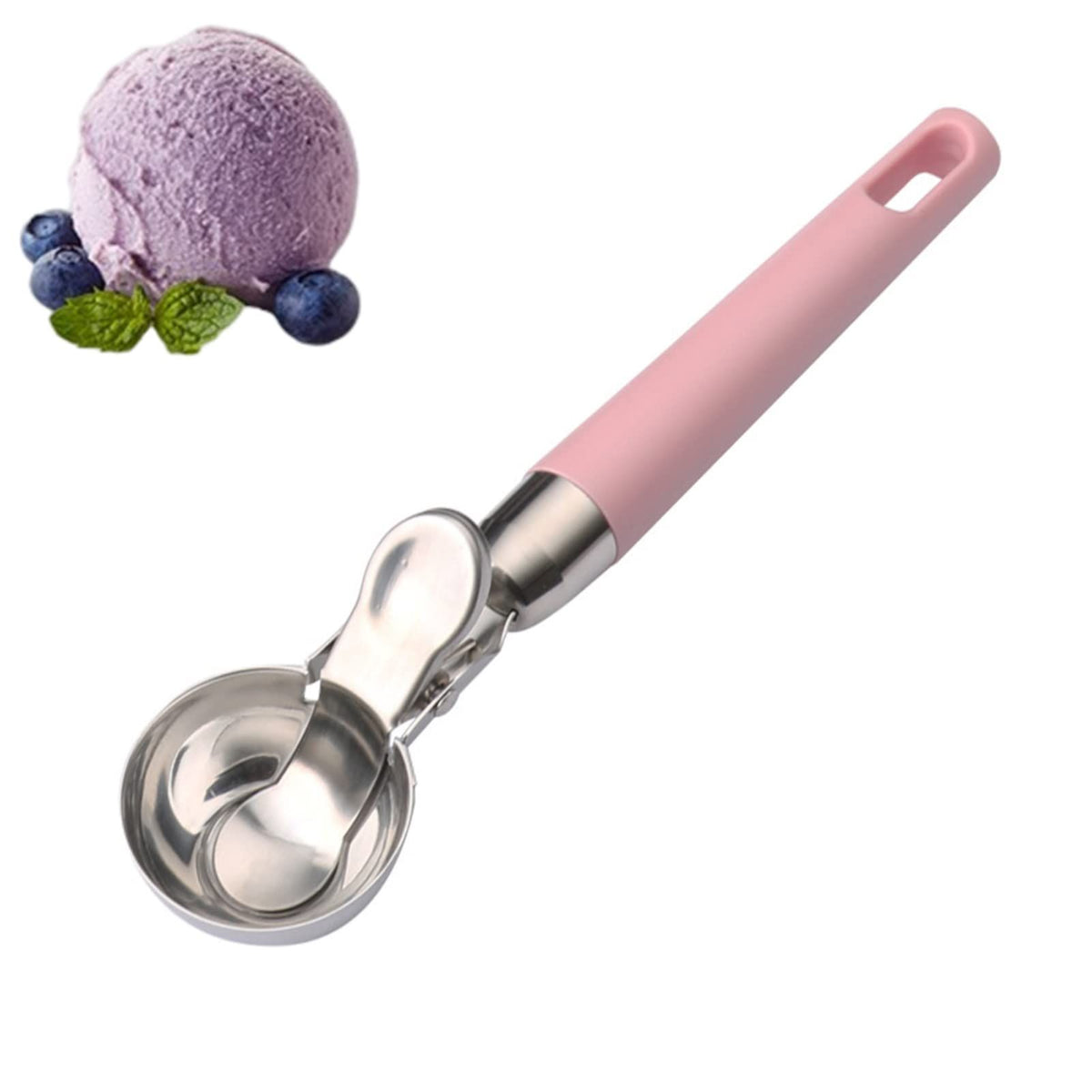 Pink stainless steel ice cream scoop with trigger and non-stick coating, ideal for making fruit balls and serving ice cream.