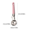 Pink stainless steel ice cream scoop with trigger, ideal for fruit balls and baby feeding, featuring non-stick surface and ergonomic design.