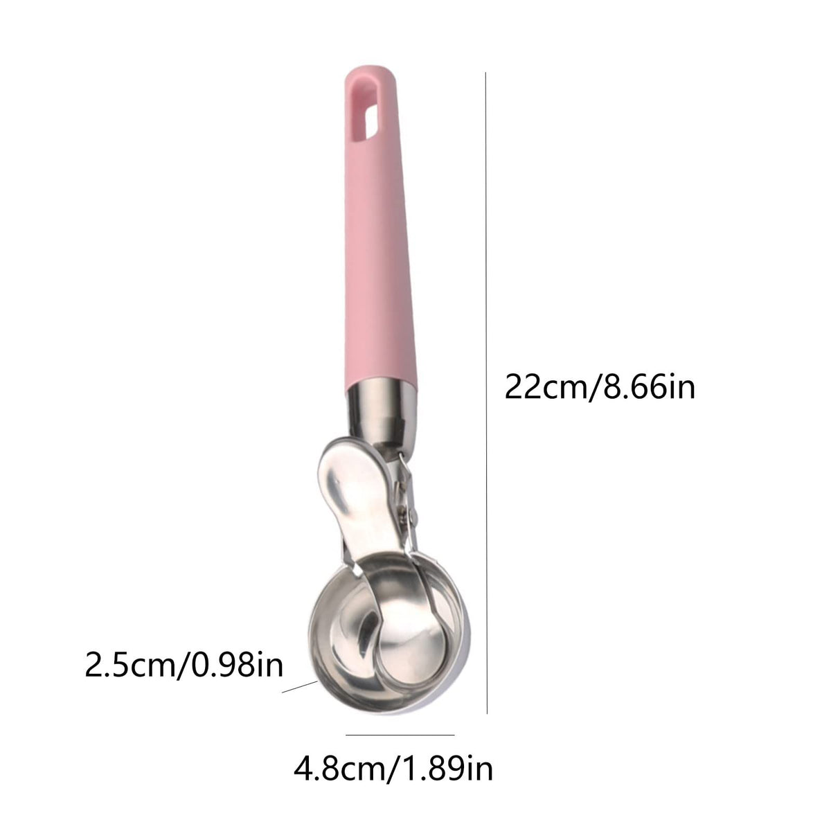 Pink stainless steel ice cream scoop with trigger, ideal for fruit balls and baby feeding, featuring non-stick surface and ergonomic design.