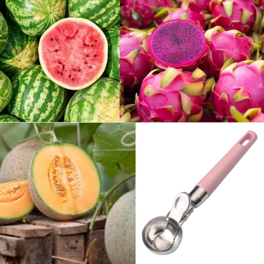 Pink stainless steel ice cream scoop with trigger, ideal for fruit ball serving, from Everything Baby, perfect for kitchen and feeding tasks.