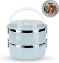 Stainless steel thermal lunch box with two stackable, leak-proof layers for kids, designed for rice, noodles, and snacks.