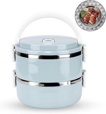 Stainless steel thermal lunch box with two stackable, leak-proof layers for kids, designed for rice, noodles, and snacks.