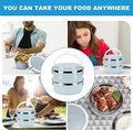 Stainless steel thermal lunch box by Everything Baby with 2 stackable, leak-proof compartments for kids' rice and noodles.