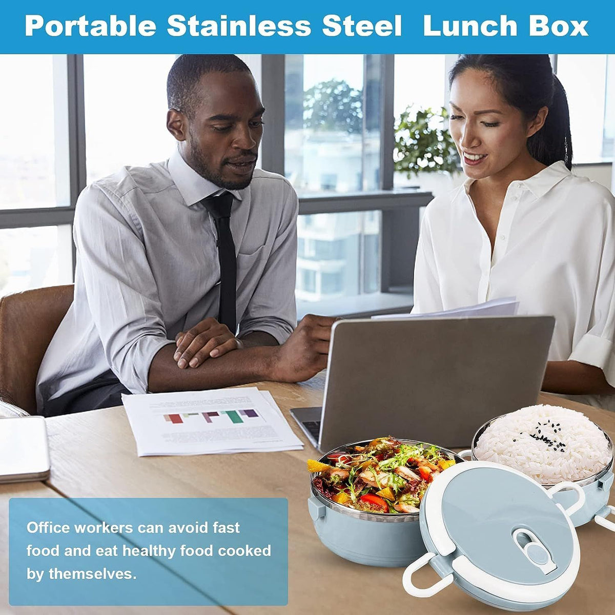 Stainless steel thermal lunch box with two stackable, leak-proof compartments for kids, ideal for rice, noodles, and snacks.