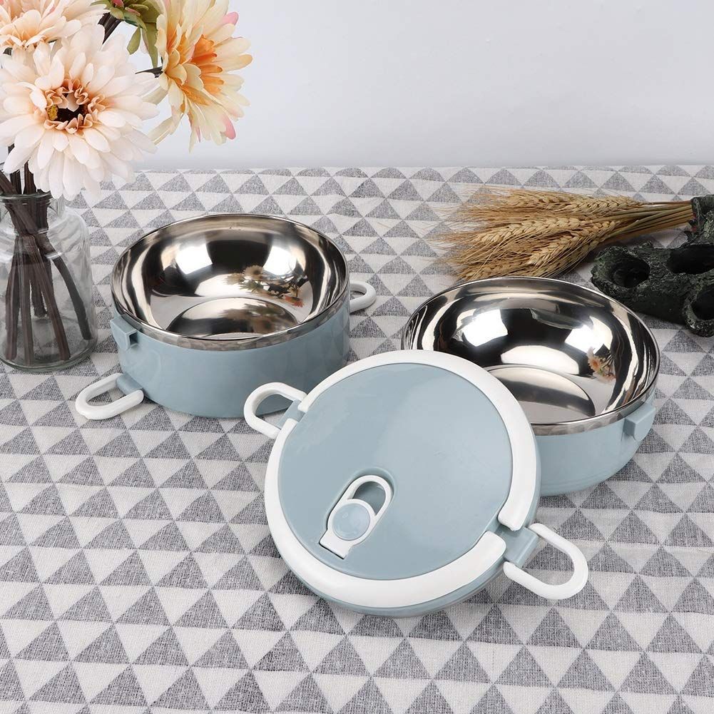 Stainless steel thermal lunch box with 2 stackable, leak-proof layers for kids, ideal for rice, noodles, and snacks.