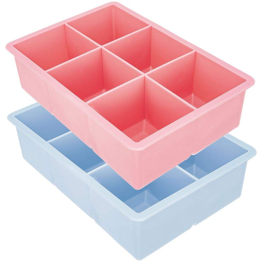 Pink and blue square ice cube trays by Everything Baby, set of 2, for making large ice cubes for drinks or pretend play.