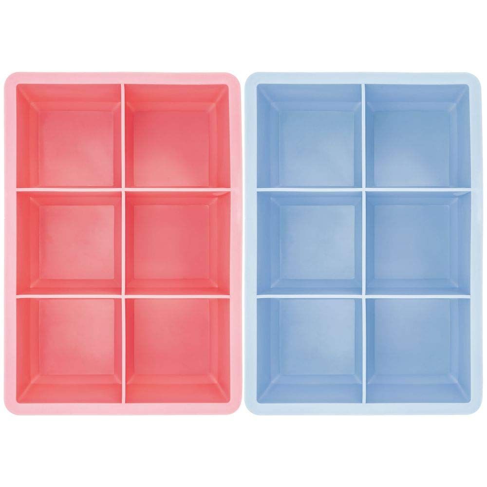 Pink and blue square ice cube trays by Everything Baby, set of 2, for making large ice cubes in a fun, colorful design.