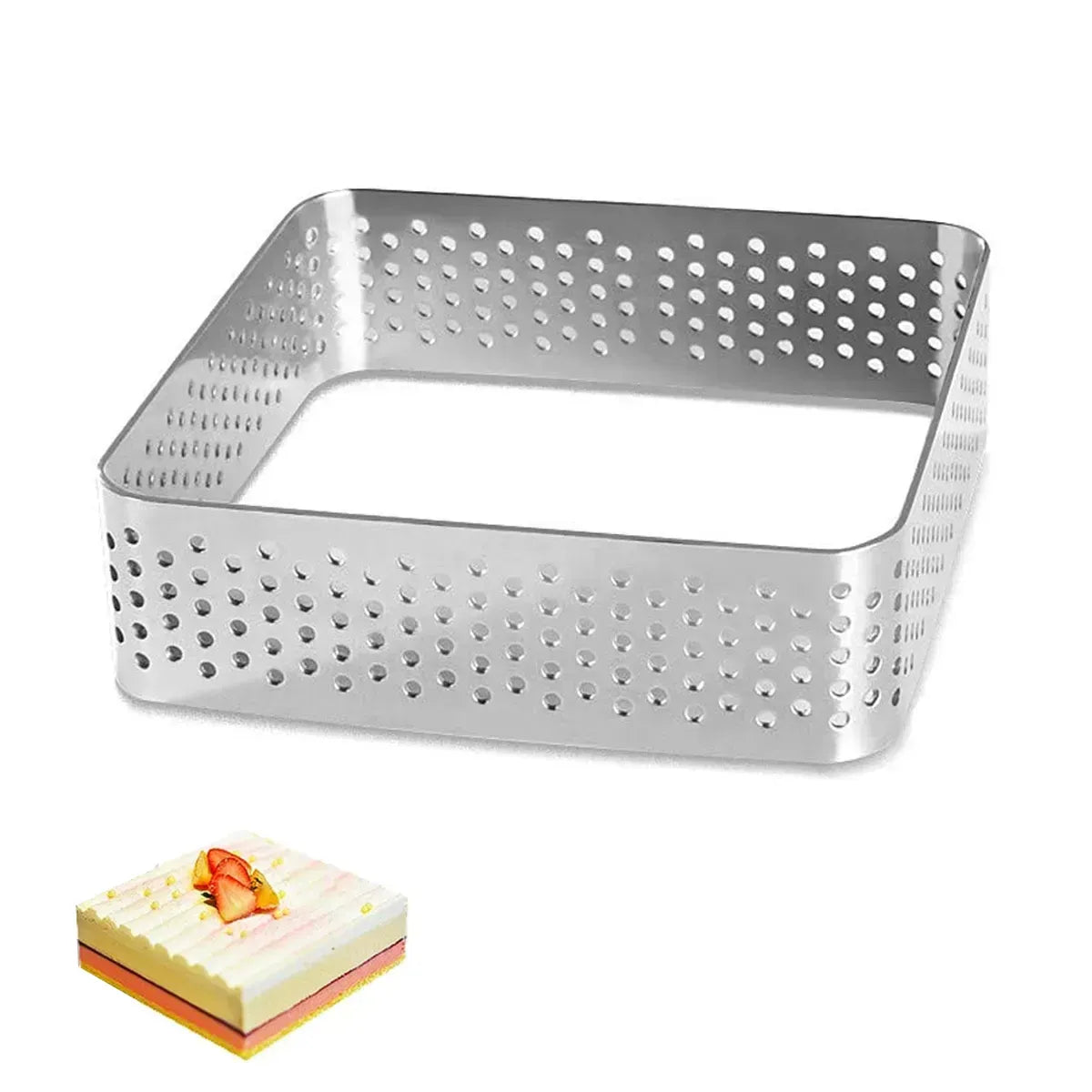 Stainless steel square oval fruit pie ring mold, perforated design, ideal for baking and toy pretend play in kids' kitchen sets.