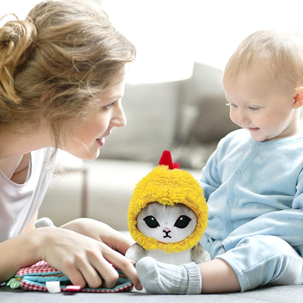 Cute fried shrimp cat plush toy by Everything Baby, soft-haired cat pillow perfect for kids' pretend play and cuddling.