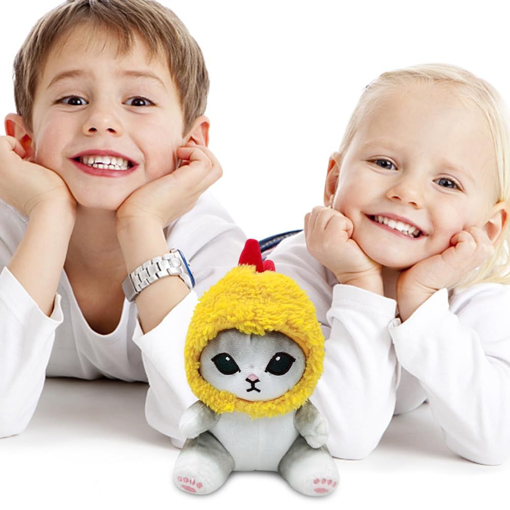 Cute Fried Shrimp Cat plush toy with soft hair, perfect for kids' pretend play and as a cuddly gift for children.