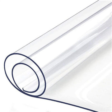 Transparent plastic dining table cover for wooden furniture, protecting table with a clear, durable tablecloth for kids' pretend play.