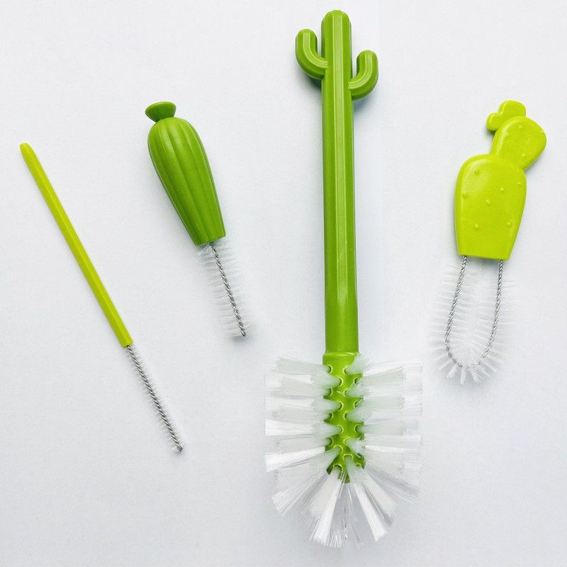Baby bottle brush set with nipple, detail, and straw brushes on a drying rack, designed for baby feeding essentials.