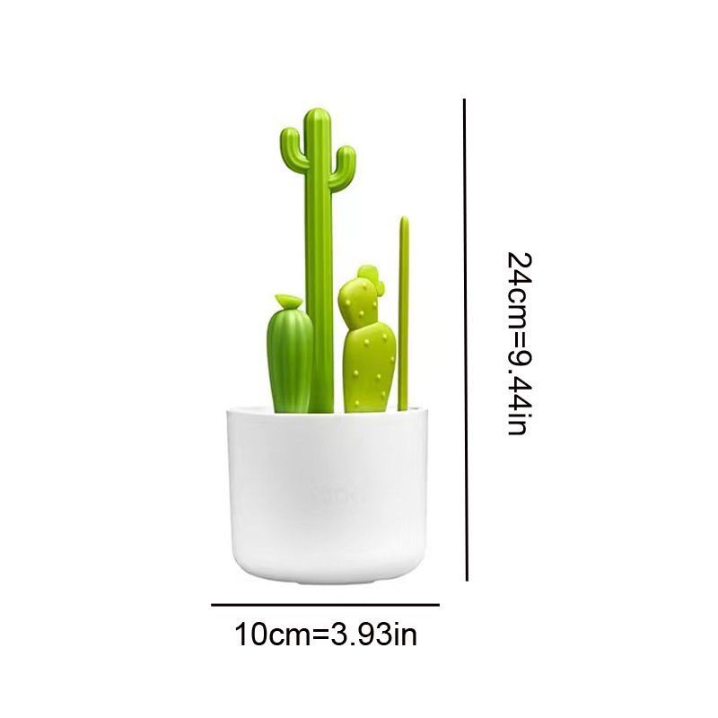 Baby bottle brush set with bottle, nipple, detail, and straw brushes on drying rack for baby feeding accessories.