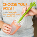 Baby bottle brush set with bottle, nipple, detail, and straw brushes for cleaning baby bottles, displayed on a drying rack.
