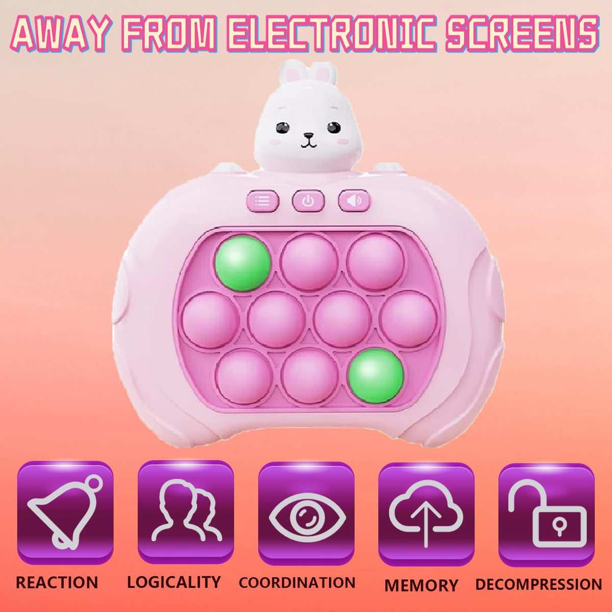 Pink rabbit Fast Push Bubble Game handheld toy for kids and adults, featuring colorful pop-it fidget toy design by Everything Baby.